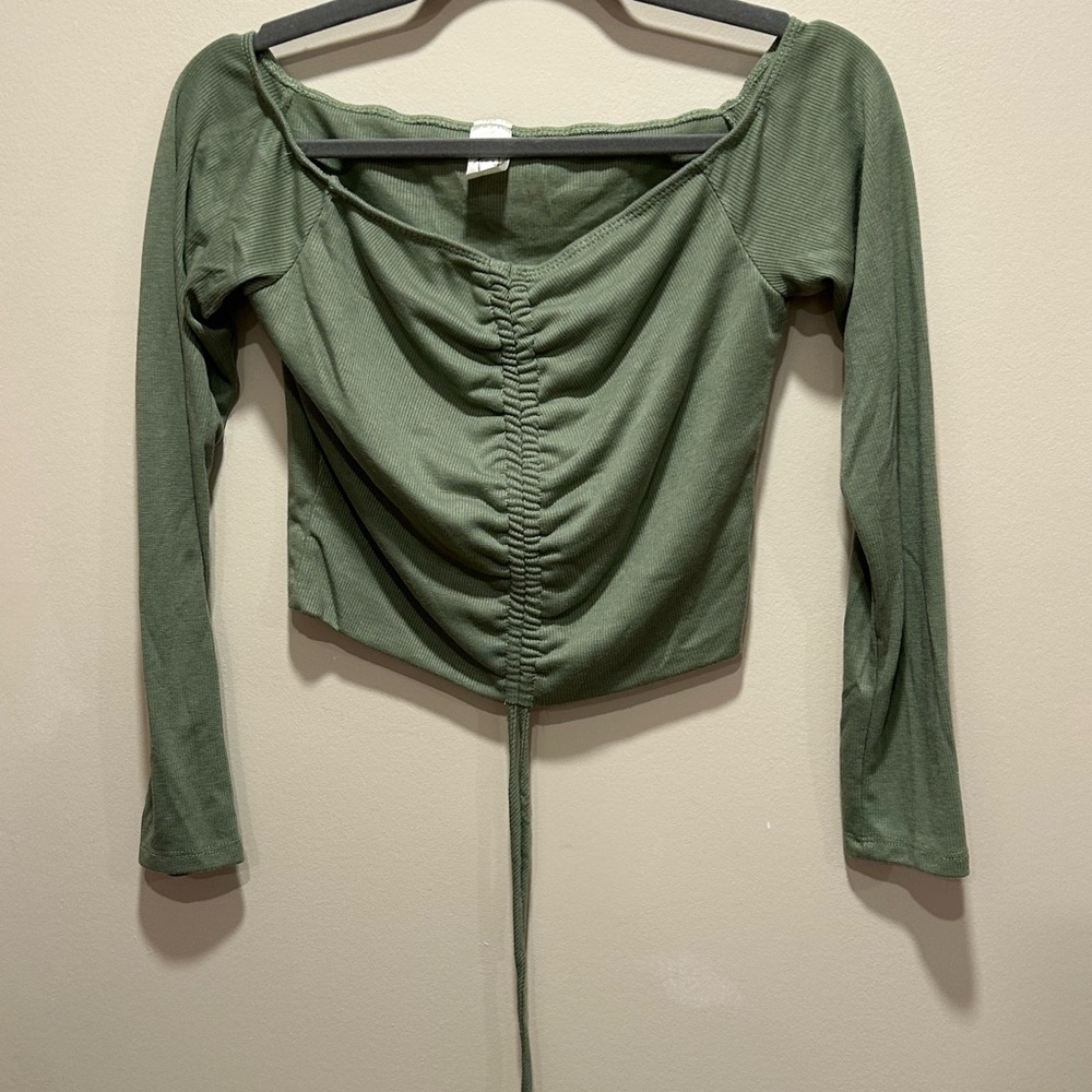 Green Ruched Tie Front Long Sleeve Blouse